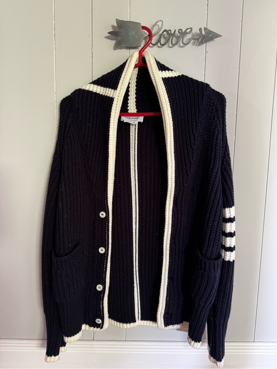 Thom Browne Sweaters - Thom Browne Black Cardigan with Cream Trim